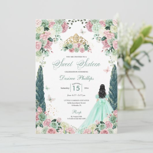 Mint Groen & Blush Betoverde Tuin Zoet Zestien Kaart (Staand voorkant)