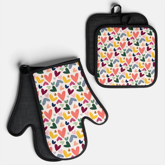 Mint Groen Blush Roze Blauwe Harten Art Patroon Ovenwant & Pannenlap Set