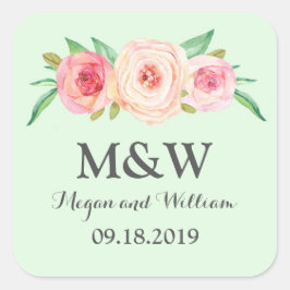 Mint Groen Blush Roze Bloemen Monogram Bruiloft Vierkante Sticker