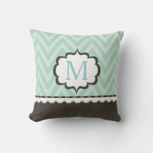 Mint Groen Chevron Bruin Patroon Aangepast Monogra Kussen