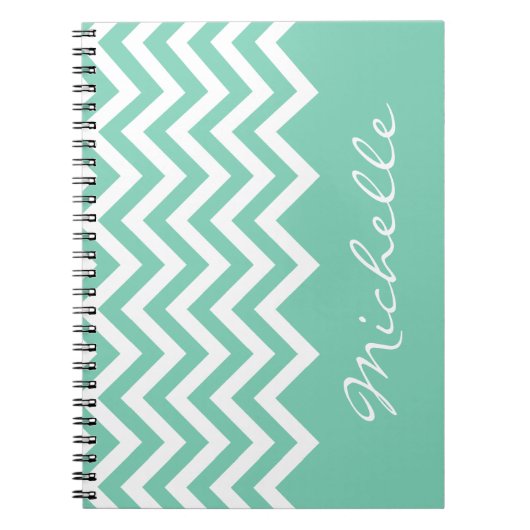 Mint-groen chevron patroon notebook met naam notitieboek (Voorkant)