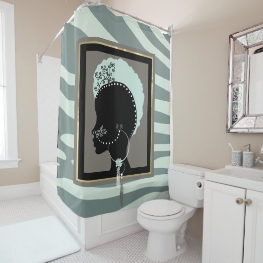 Mint-groen, crème en zwarte zebraafdrukken douchegordijn (In situ)