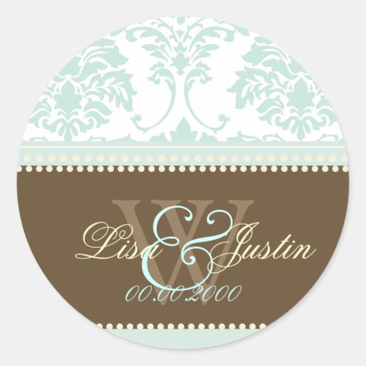 Mint Groen Damast monogram bruiloft/DIY fonts+colo Ronde Sticker (Voorkant)