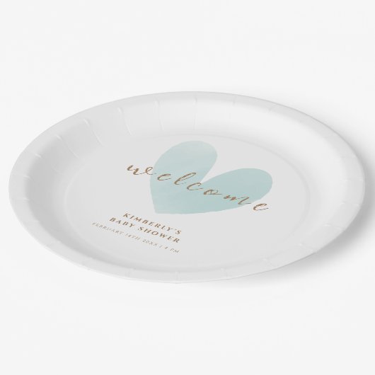 Mint Groen Eenvoudig Hart Welkom Baby shower Papieren Bordje (Gekanteld)