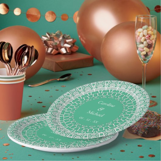 Mint Groen Elegant Bruiloft Feesten Wit Kant Papieren Bordje (Multi)