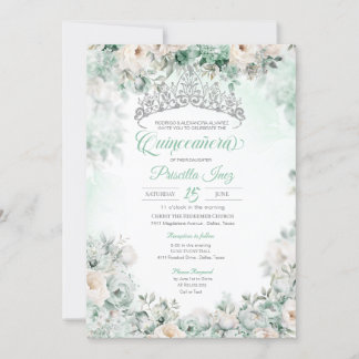 Mint Groen Elegante Waterverf Bloemen Quinceañera Kaart