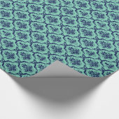 Mint-groen en blauw Floral Damasthatten Patroon Cadeaupapier (Hoek)
