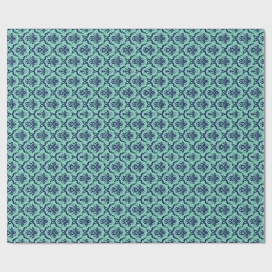 Mint-groen en blauw Floral Damasthatten Patroon Cadeaupapier (Vlak)