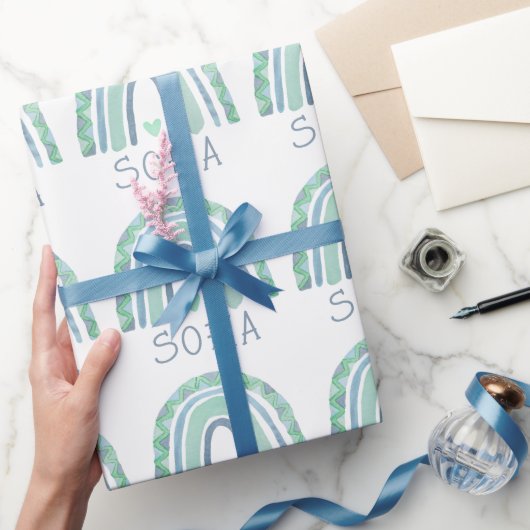 Mint-groen en blauwe toon-boho-regenboog cadeaupapier (Geschenken)