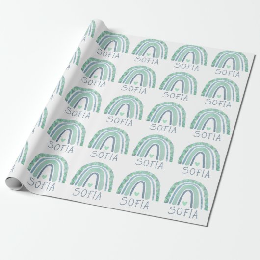 Mint-groen en blauwe toon-boho-regenboog cadeaupapier (Uitgerold)