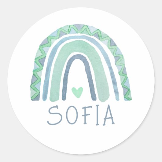 Mint-groen en blauwe toon-boho-regenboog ronde sticker (Voorkant)