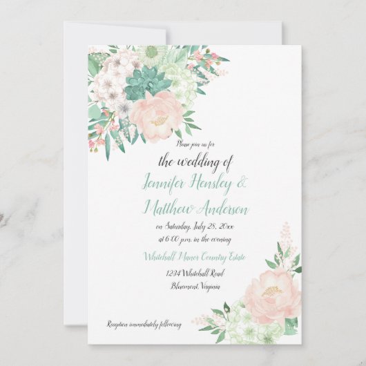 Mint Groen en Blush Waterverf Bloemen Huwelijk Kaart (Voorkant)