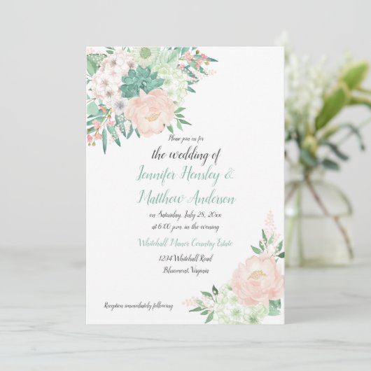 Mint Groen en Blush Waterverf Bloemen Huwelijk Kaart (Staand voorkant)