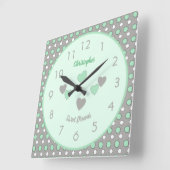 Mint groen en grijs met poolpunten en naam vierkante klok (Hoek)