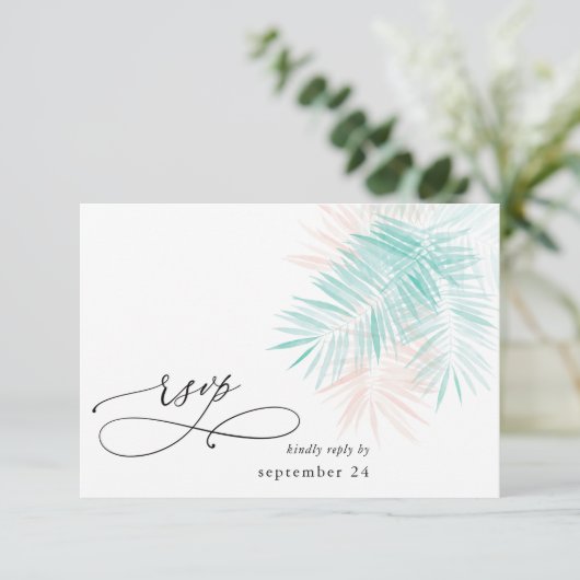 Mint groen en roze handpalm leder op witte witte R RSVP Kaartje (Staand voorkant)