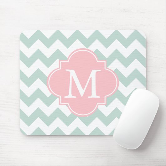Mint Groen en Roze Moderne Chevron Custom Monogram Muismat (Met muis)
