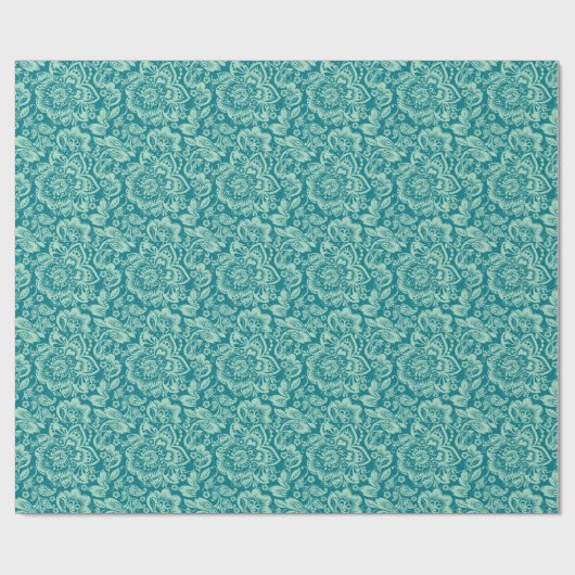 Mint-groen en Turquoise Blue Floral Damascus Patte Cadeaupapier (Vlak)