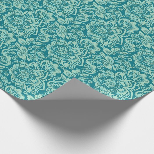 Mint-groen en Turquoise Blue Floral Damascus Patte Cadeaupapier (Hoek)