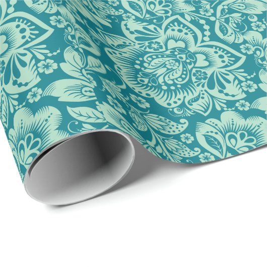 Mint-groen en Turquoise Blue Floral Damascus Patte Cadeaupapier (Rol Hoek)