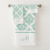 Mint-groen en wit damast monogram bad handdoek (Insitu)