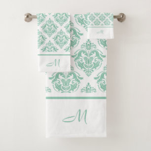 Mint-groen en wit damast monogram bad handdoek