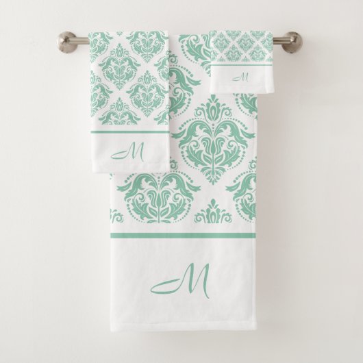 Mint-groen en wit  damast monogram bad handdoek (Insitu)