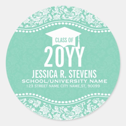 Mint-groen en wit Floral Damaskers Afstuderen Pet Ronde Sticker (Voorkant)