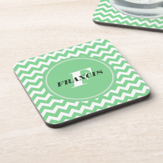 Mint-groen en wit monogram Chevron Pattern Drankjes Onderzetter (Linkerzijde)