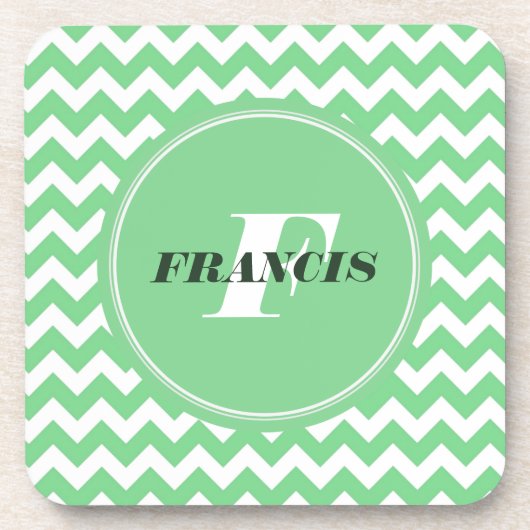 Mint-groen en wit monogram Chevron Pattern Drankjes Onderzetter (Voorkant)