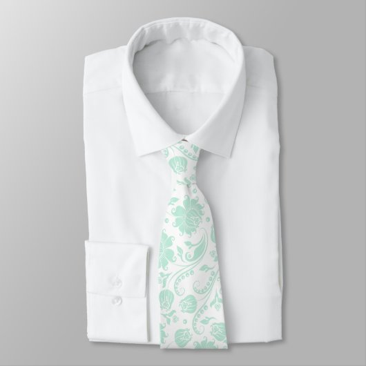 Mint-groen en witte Floral Damaskers Stropdas (Gebonden)