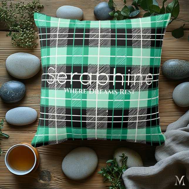 Mint Groen en zwart geplakt | Custom Dreamy Tartan Kussen (Creator heeft geüpload)