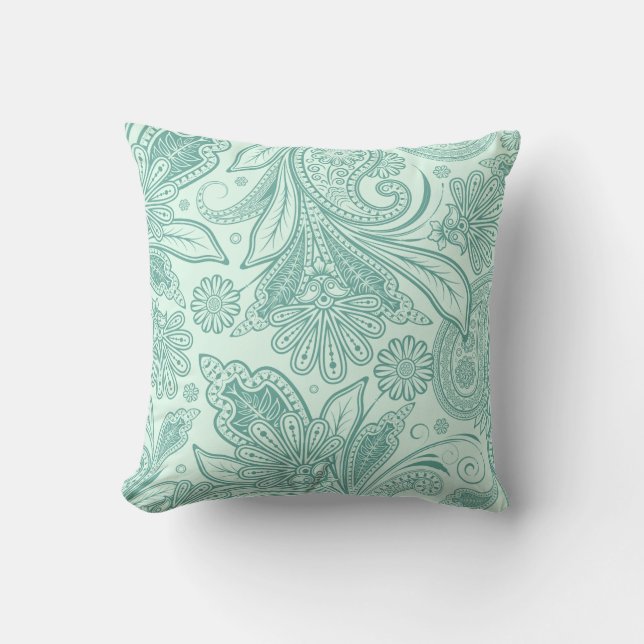 Mint Groen  Etnisch Bloemen Paisley Buitenkussen (Voorkant)