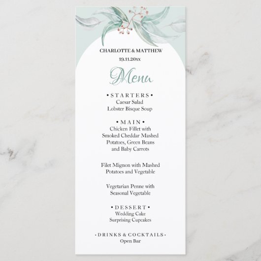 Mint Groen Eucalyptus Waterverf Handbeschilderd Menu (Voorkant)