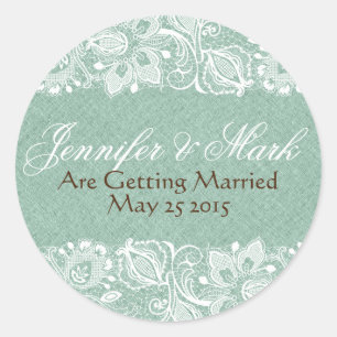 Mint-groen Faux Linen Burlap & White Floral Lace Ronde Sticker