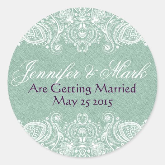 Mint-groen Faux Linen Burlap & White Paisley Lace Ronde Sticker (Voorkant)