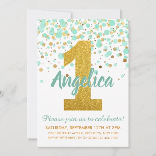 Mint Groen Goud 1e Verjaardag Confetti Kaart (Voorkant)