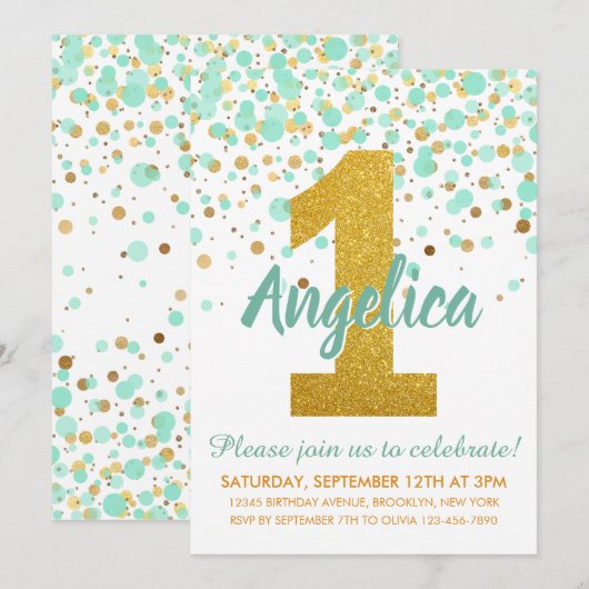 Mint Groen Goud 1e Verjaardag Confetti Kaart (Voorkant / Achterkant)
