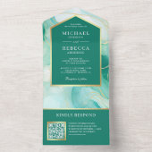 Mint Groen Goud Abstract Vloeibare Inkt QR Code Br All In One Uitnodiging (Binnen)