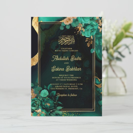 Mint Groen Goud Bloemen QR Code Moslim Bruiloft Kaart (Staand voorkant)