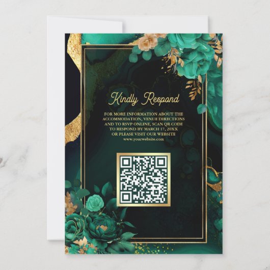 Mint Groen Goud Bloemen QR Code Moslim Bruiloft Kaart (Achterkant)