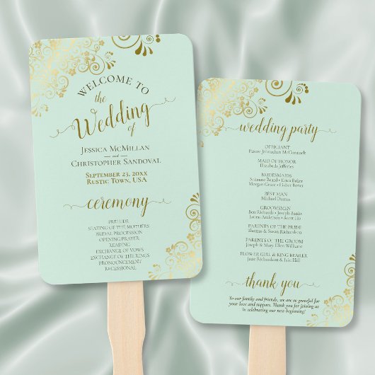 Mint Groen & Goud Elegant Trouwprogramma Handwaaier