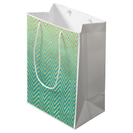 Mint Groen Goud Glam Chevron Ombre Medium Cadeauzakje (Voorkant Gekanteld)