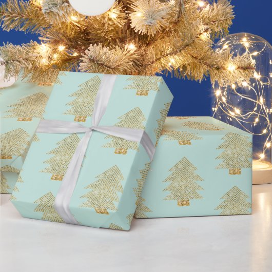 Mint Groen Goud Glitter Kerstbomen Cadeaupapier (Feestdagen)