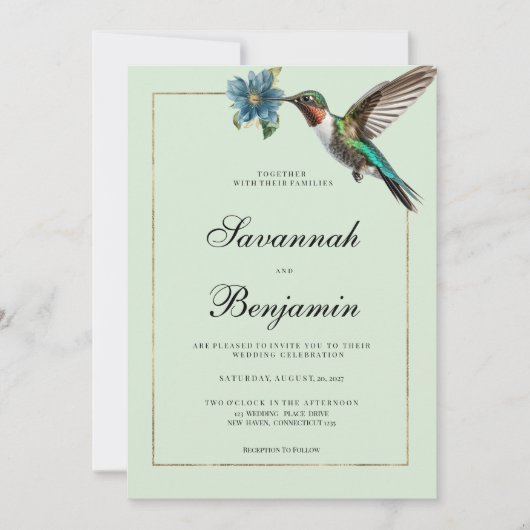 Mint groen goud kleurrijke kolibrie bruiloft kaart (Voorkant)