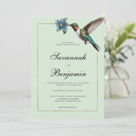 Mint groen goud kleurrijke kolibrie bruiloft kaart (Staand voorkant)