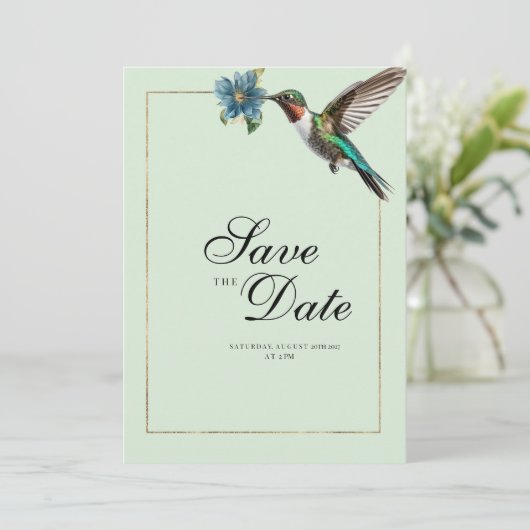 Mint groen goud kleurrijke kolibrie Save The Date Kaart (Staand voorkant)