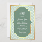 Mint Groen Goud Quatrefoil Patroon Moslim Bruiloft Kaart (Voorkant)
