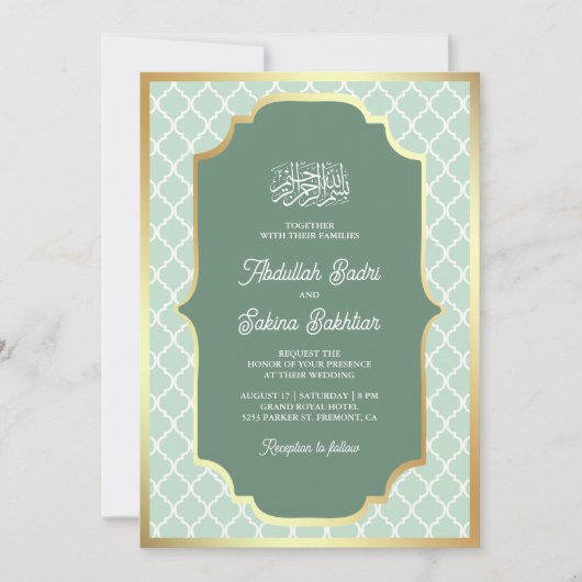 Mint Groen Goud Quatrefoil Patroon Moslim Bruiloft Kaart (Voorkant)
