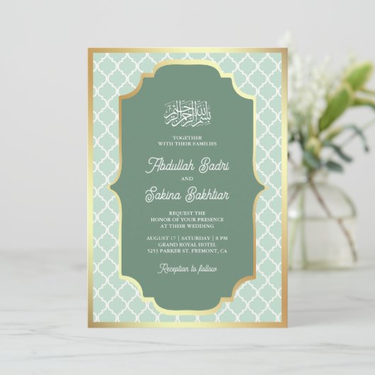 Mint Groen Goud Quatrefoil Patroon Moslim Bruiloft Kaart (Staand voorkant)
