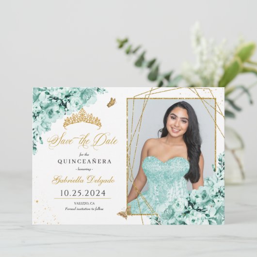 Mint Groen & Goud Quinceañera Sla de datum Foto Kaart (Staand voorkant)